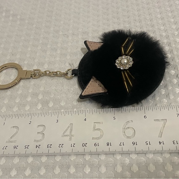 KATE SPADE Star Bright Cat Key Fob Bag Charm Black Leather Faux Fur NWT Retired - Picture 10 of 11